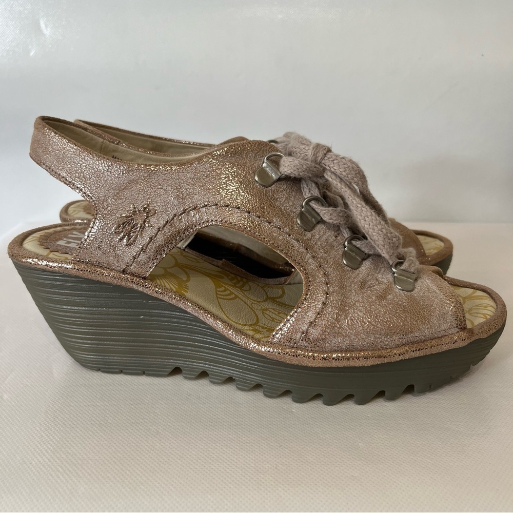 Fly London Ylfa Leather Lace Up Wedge Sandals